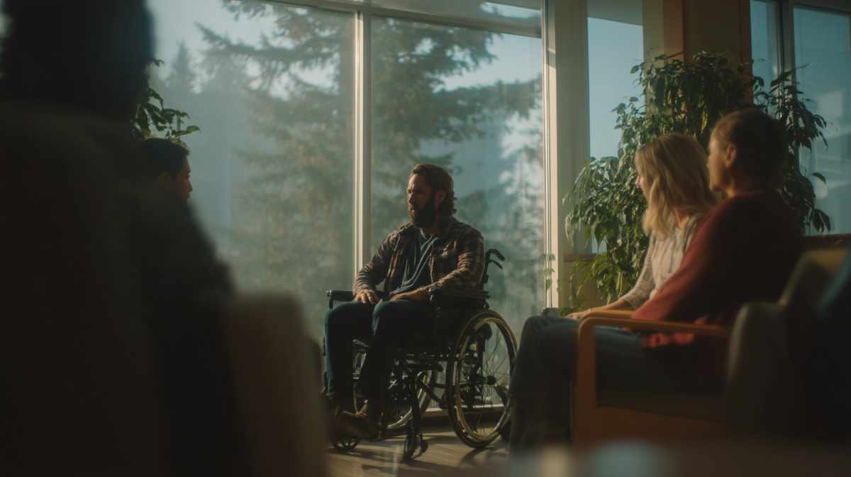 Man in wheelchair with family support after a spinal cord injury in California hospital